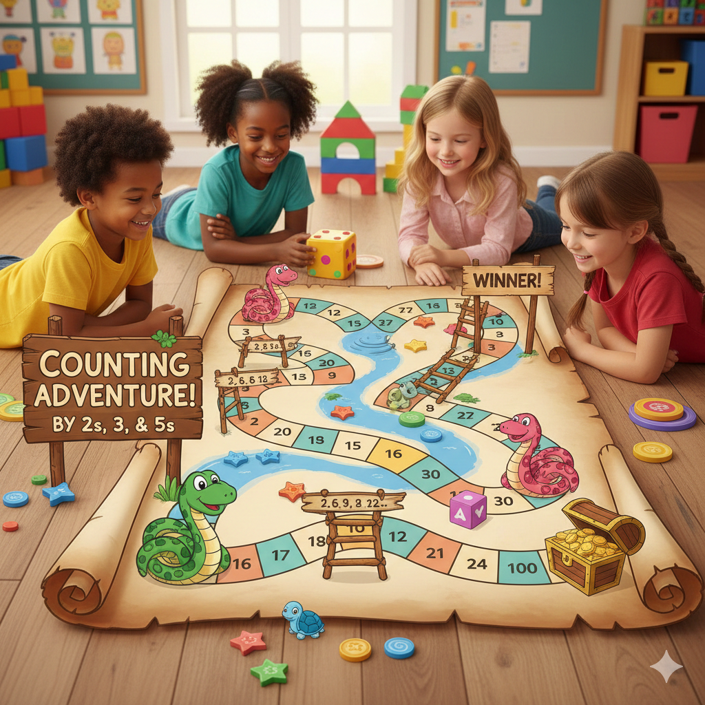 Counting by fives twos threes game for 1st grade snakes and ladders game