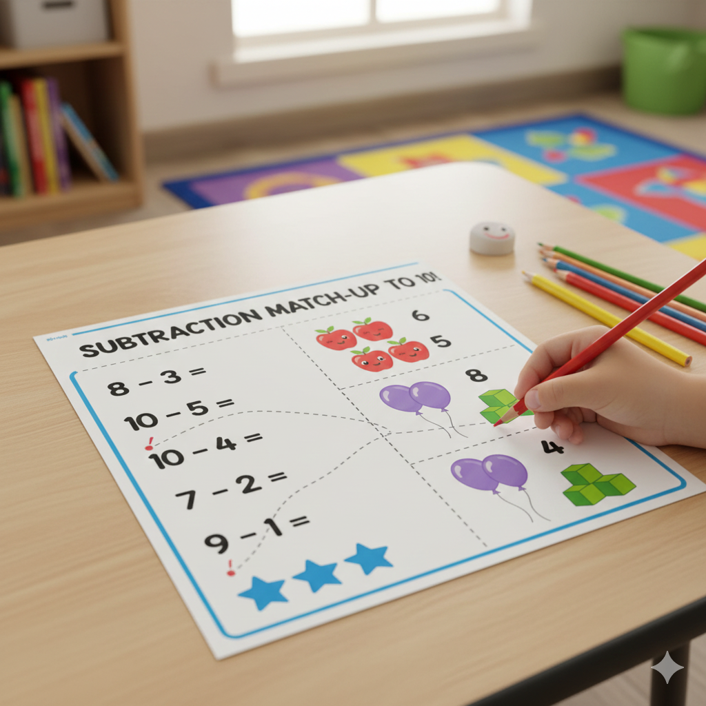 Subtraction match to 10 worksheet